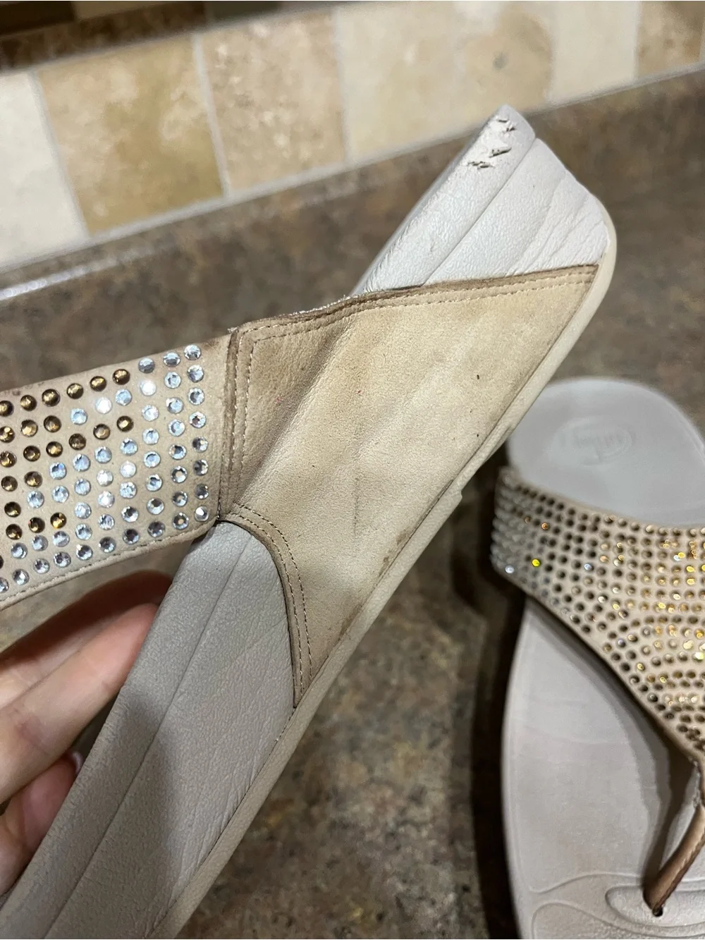 FitFlop Flare Rhinestone Thong Sandals Women 11 Beige Crystal 302-094 Walking